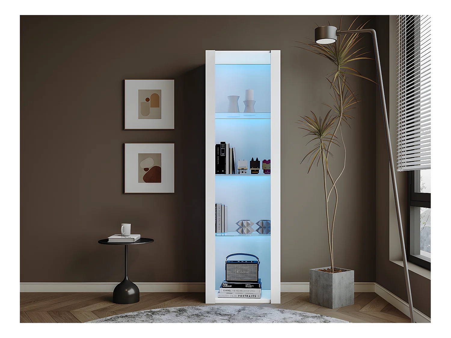 Vitrine L 166cm avec LED - 3 étagères en verre - Blanc