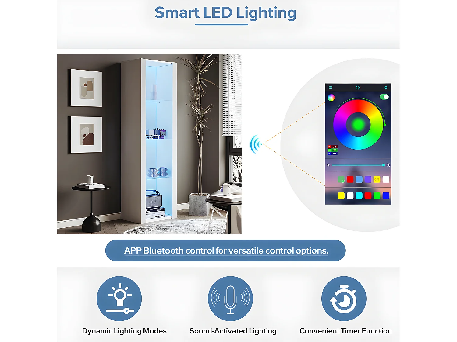 Vitrine L 166cm met LED - 3 glazen planken - Wit