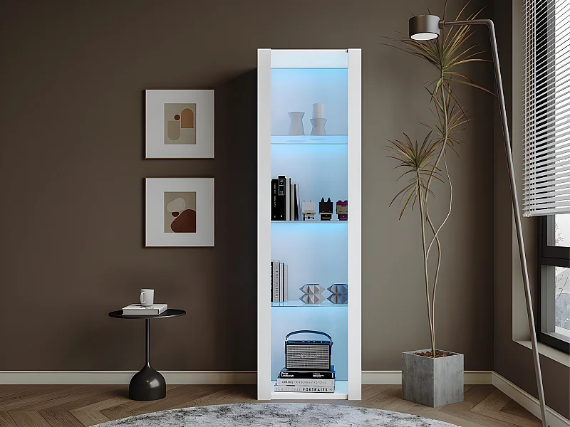 Vitrine L 166cm avec LED - 3 étagères en verre - Blanc