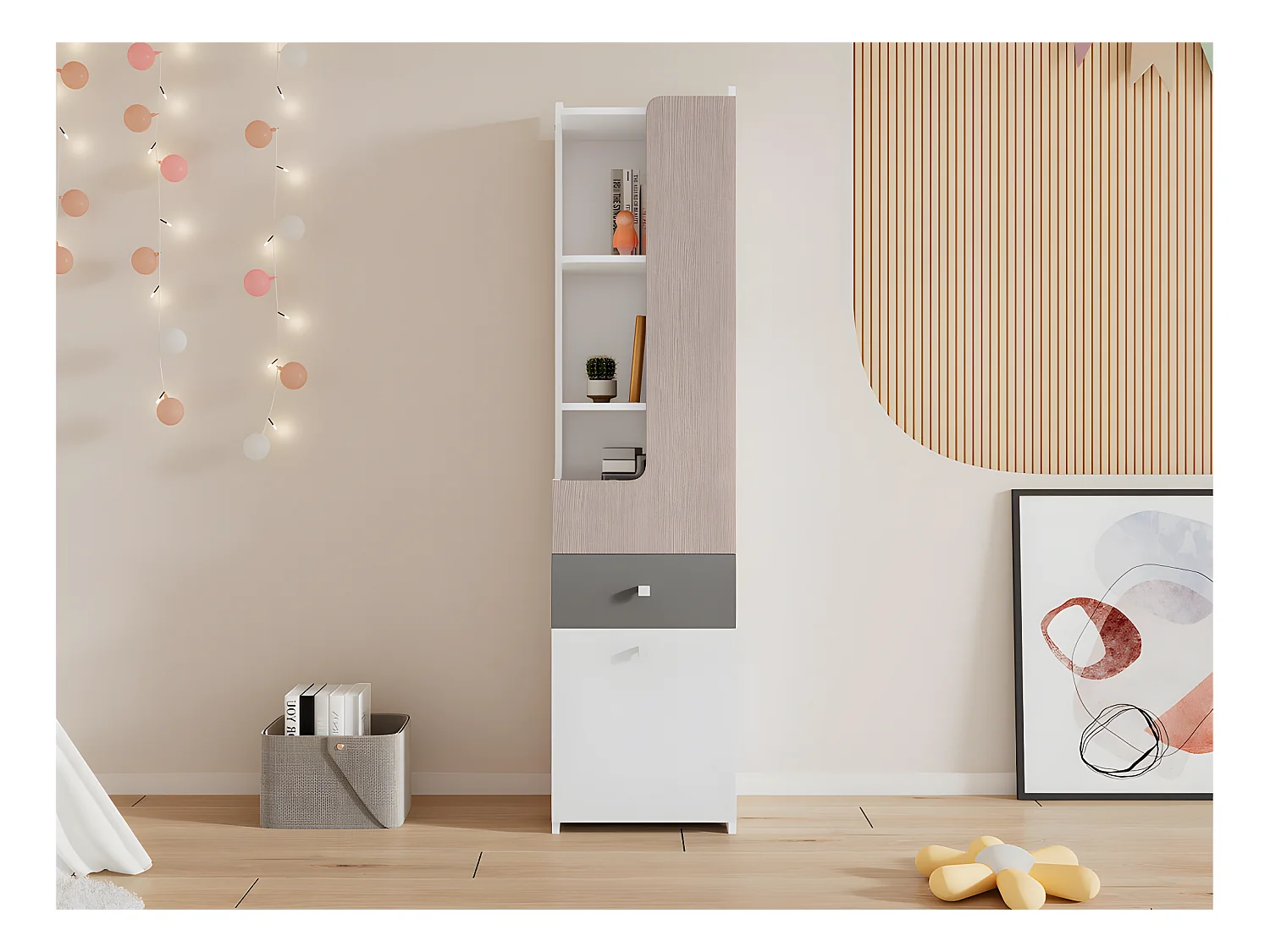 Bibliothèque avec tiroirs et présentoir - en MDF - Blanc & Gris clair