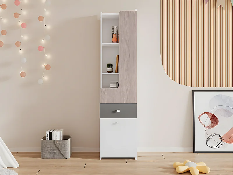 Boekenkast met lades en display - in MDF - Wit & Lichtgrijs