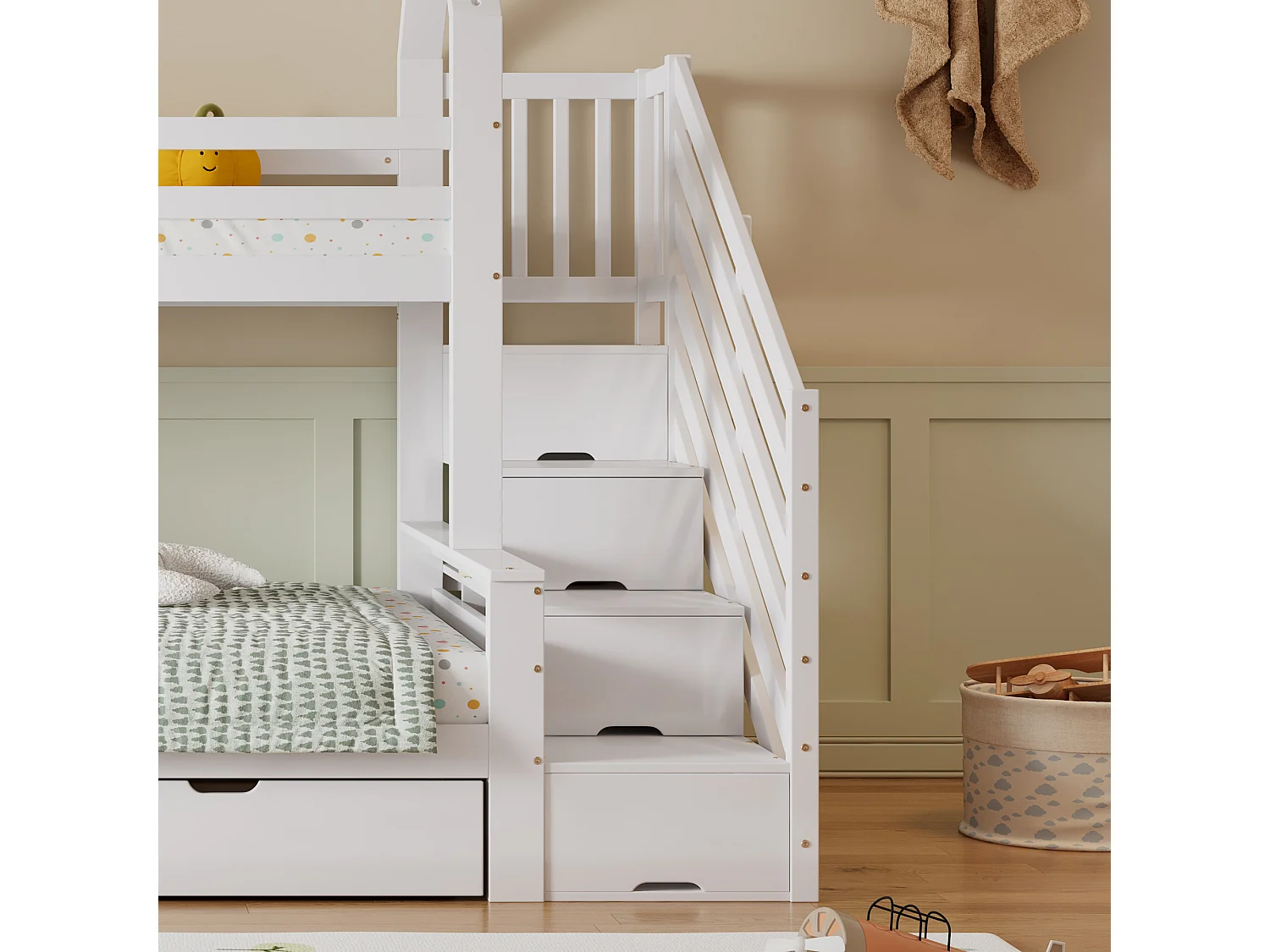 Lit superposé en bois de pin et MDF - 90x200 cm + 140x200 cm - avec échelle de rangement et 2 tiroirs - Blanc