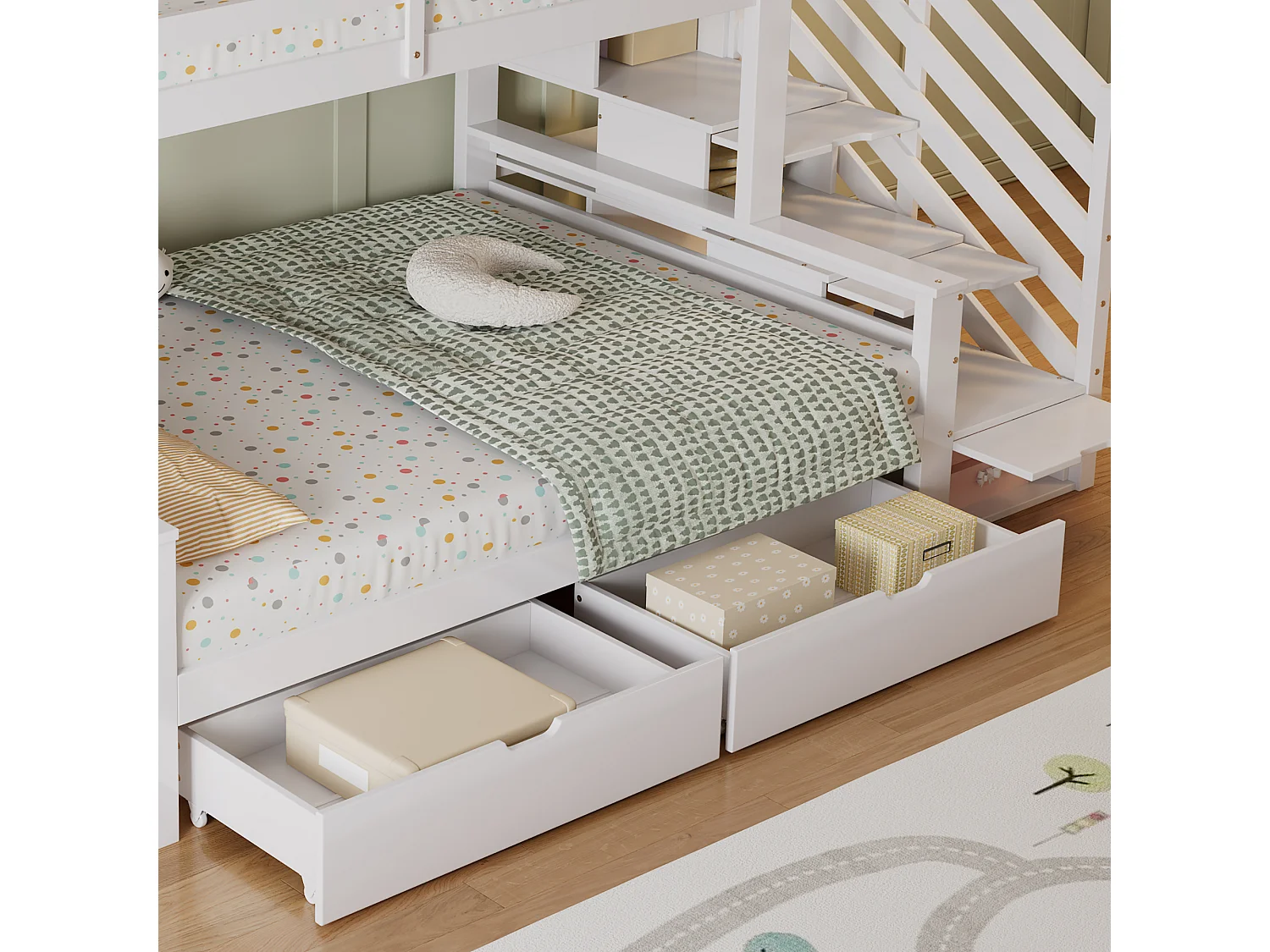 Lit superposé en bois de pin et MDF - 90x200 cm + 140x200 cm - avec échelle de rangement et 2 tiroirs - Blanc