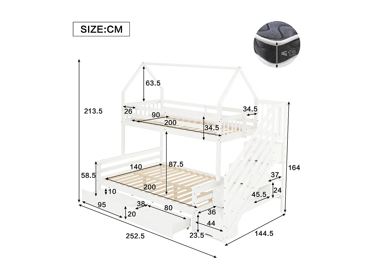 Lit superposé en bois de pin et MDF - 90x200 cm + 140x200 cm - avec échelle de rangement et 2 tiroirs - Blanc