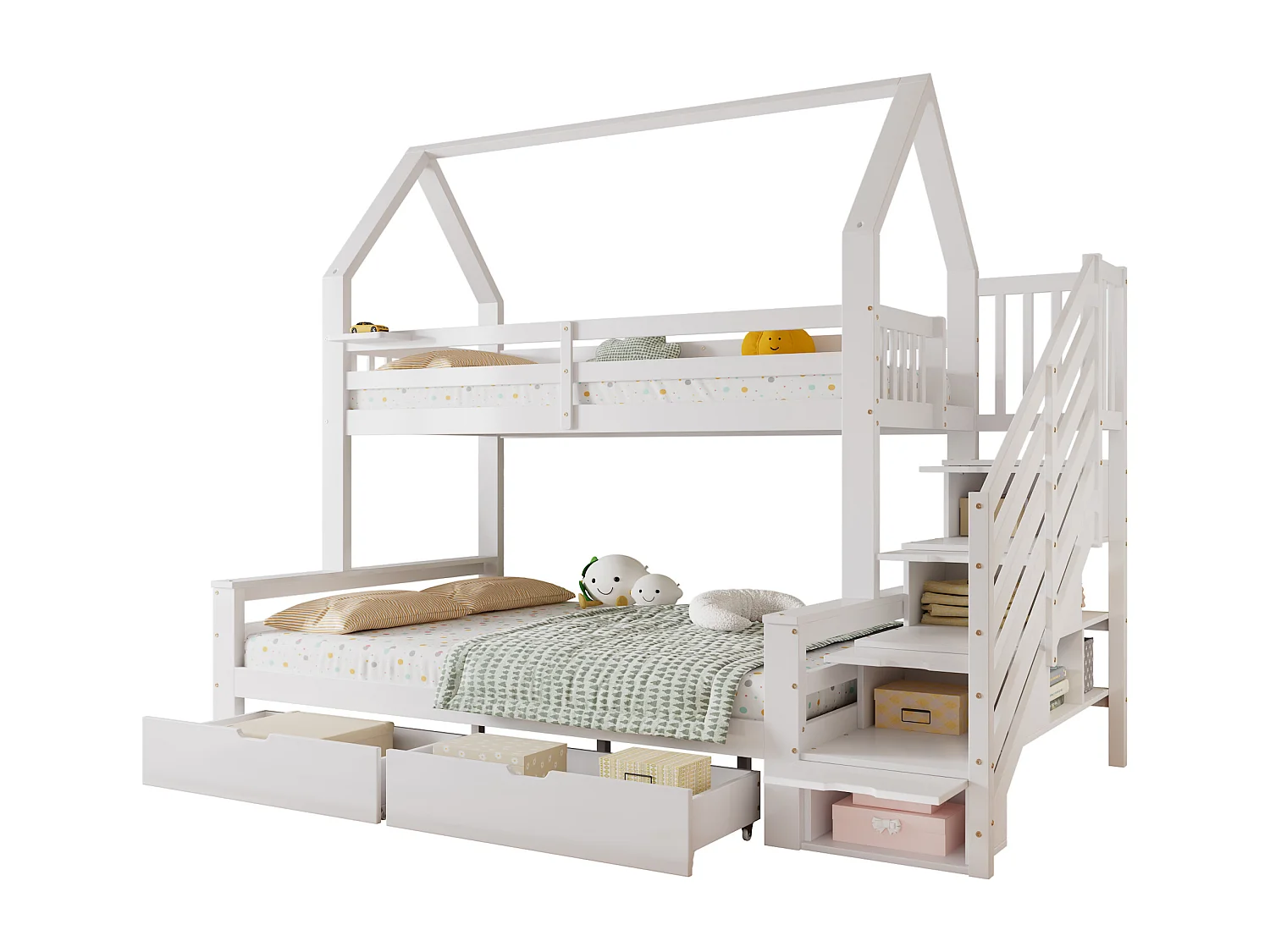 Lit superposé en bois de pin et MDF - 90x200 cm + 140x200 cm - avec échelle de rangement et 2 tiroirs - Blanc