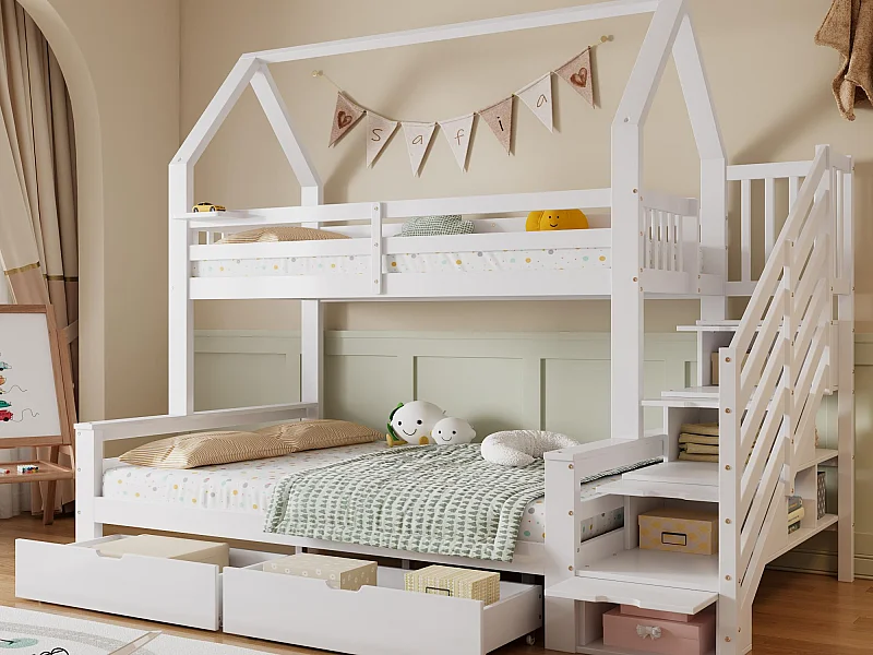 Lit superposé en bois de pin et MDF - 90x200 cm + 140x200 cm - avec échelle de rangement et 2 tiroirs - Blanc