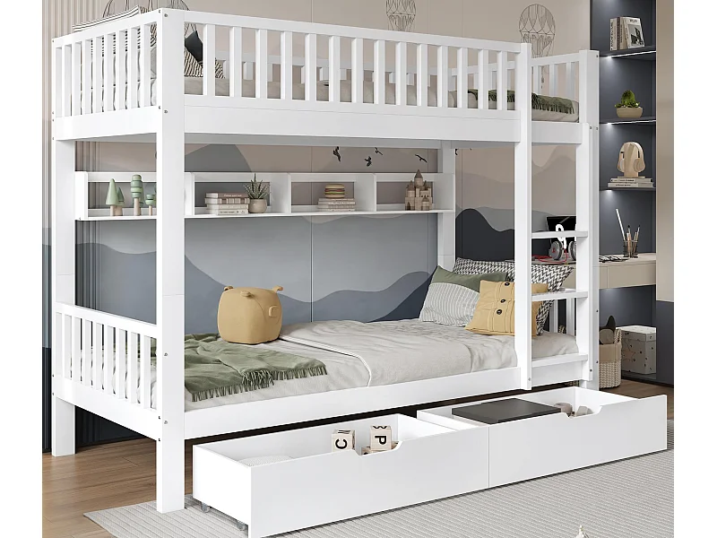 Houten stapelbed - 90x200 cm - met 2 lades en planken - Wit