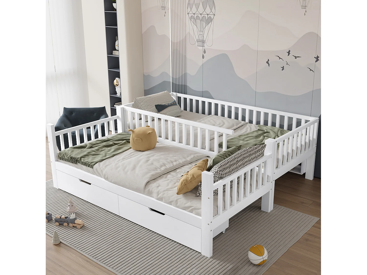 Houten stapelbed - 90x200 cm - met 2 lades en planken - Wit