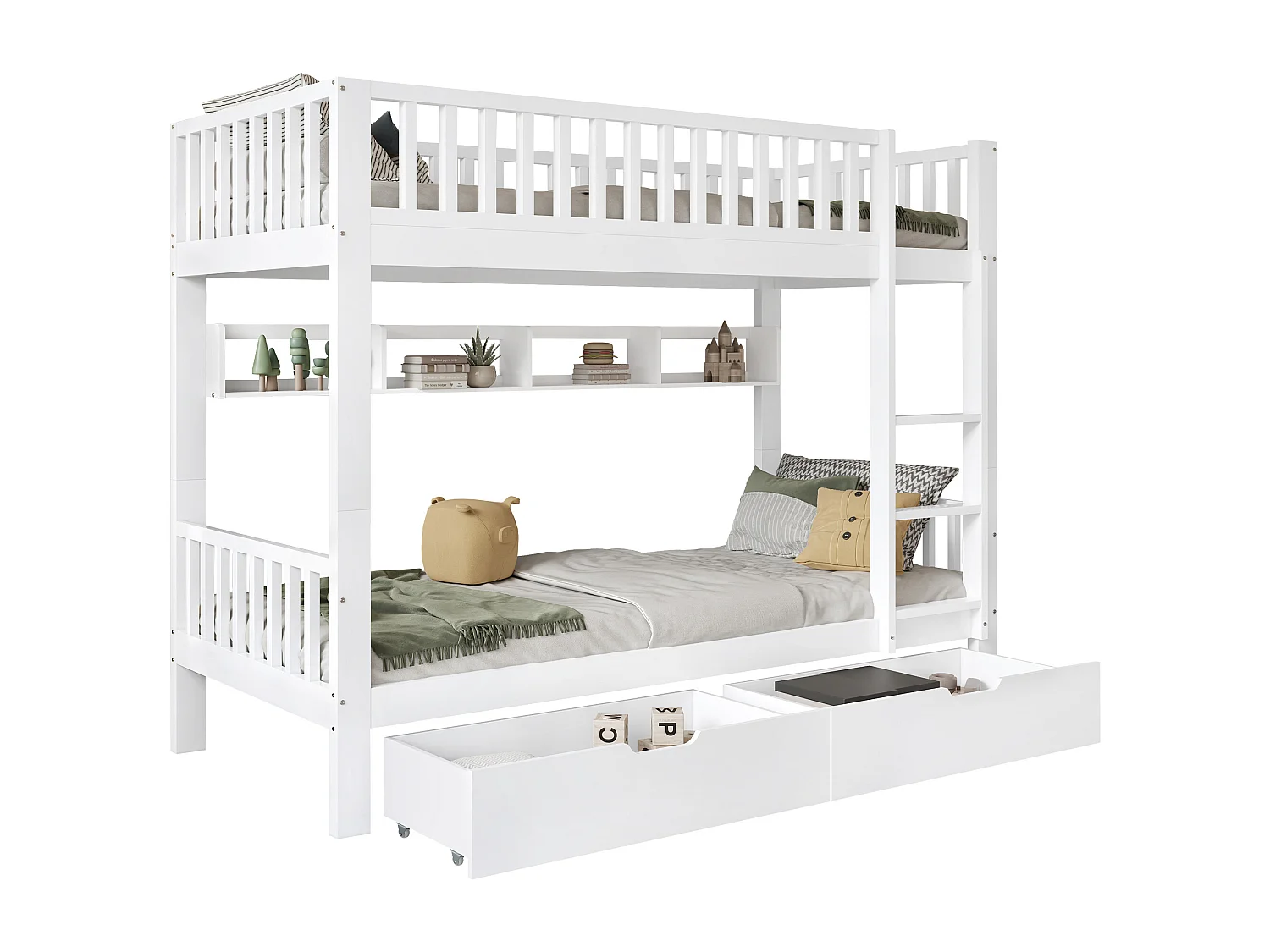 Houten stapelbed - 90x200 cm - met 2 lades en planken - Wit