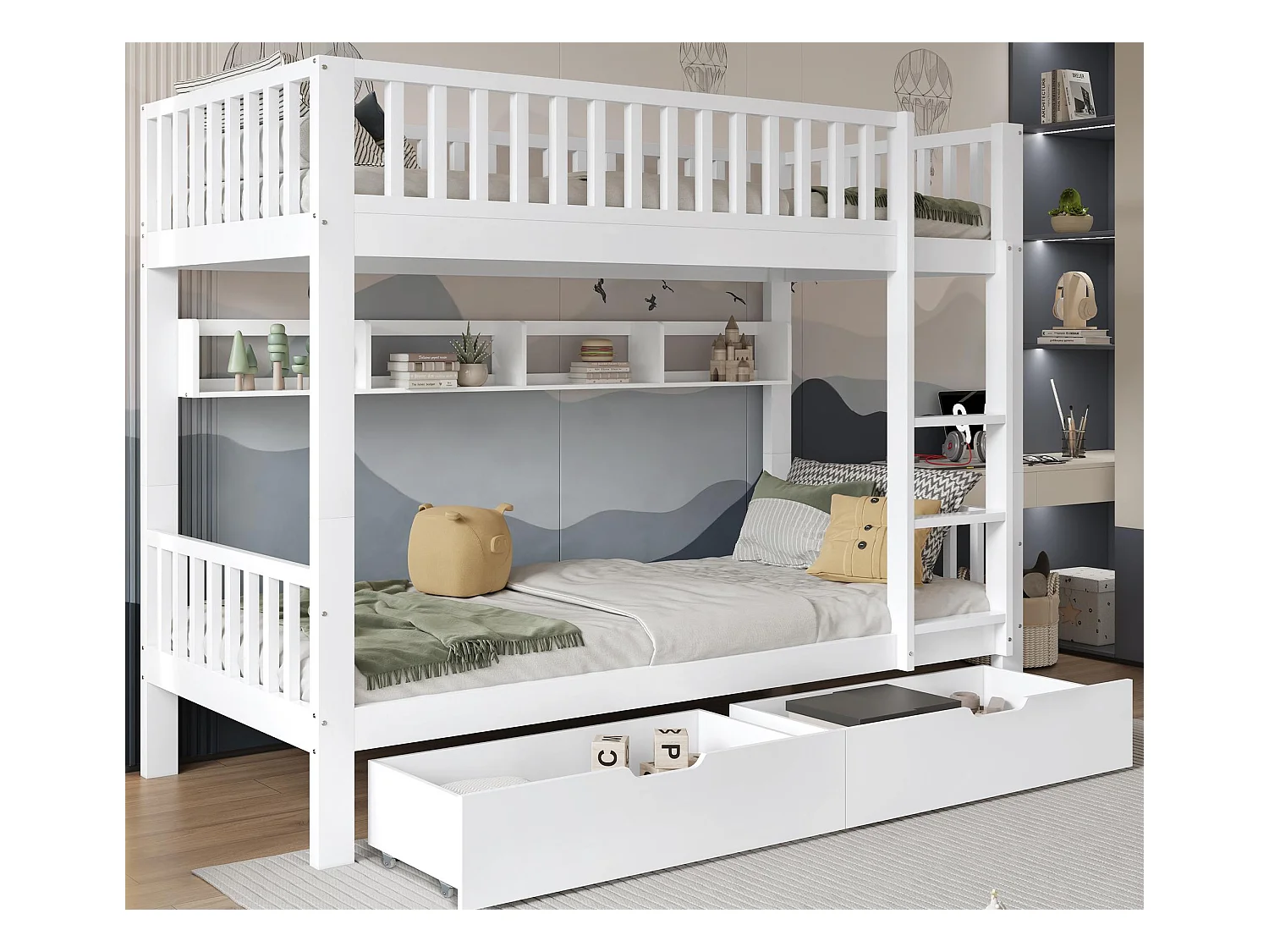 Houten stapelbed - 90x200 cm - met 2 lades en planken - Wit