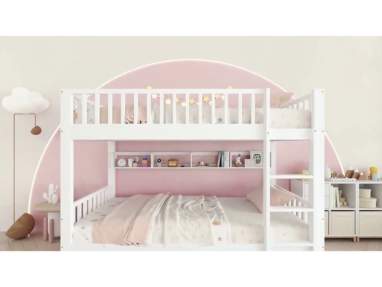 Houten stapelbed - 90x200 cm - met 2 lades en planken - Wit