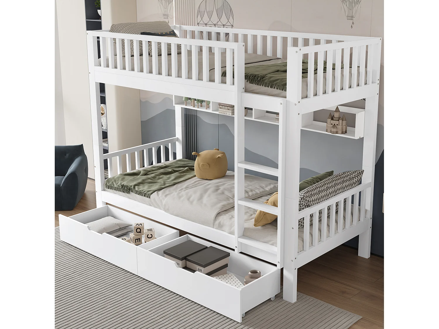 Houten stapelbed - 90x200 cm - met 2 lades en planken - Wit