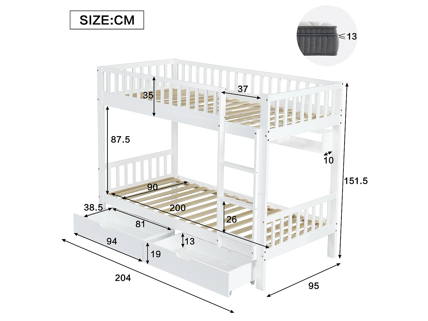 Houten stapelbed - 90x200 cm - met 2 lades en planken - Wit