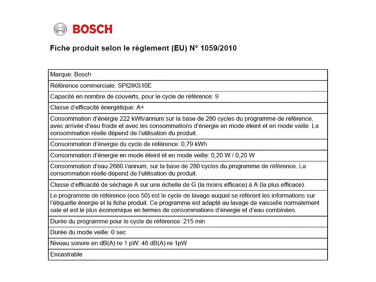 Lave-vaisselle encastrable BOSCH 9 Couverts 44.8cm F, SPI 2 IKS 10 E