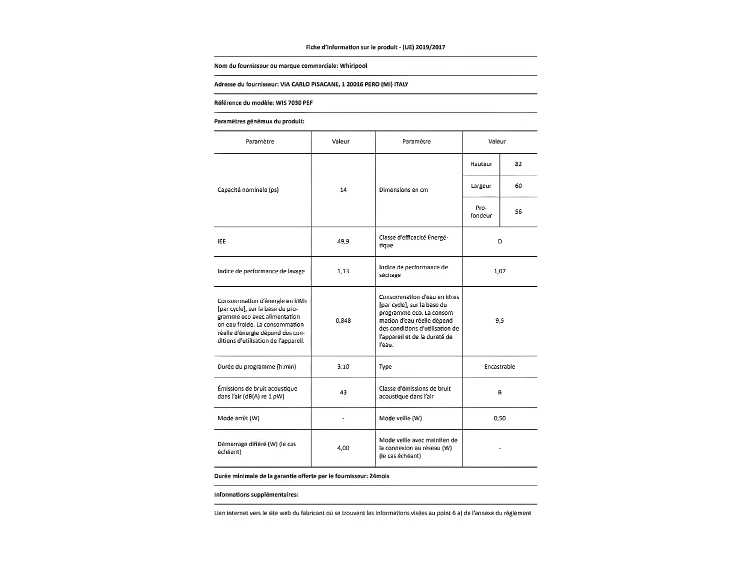 Lave-vaisselle encastrable WHIRLPOOL INTEGRABLE 14 Couverts 59.8cm D, WIS7030PEF