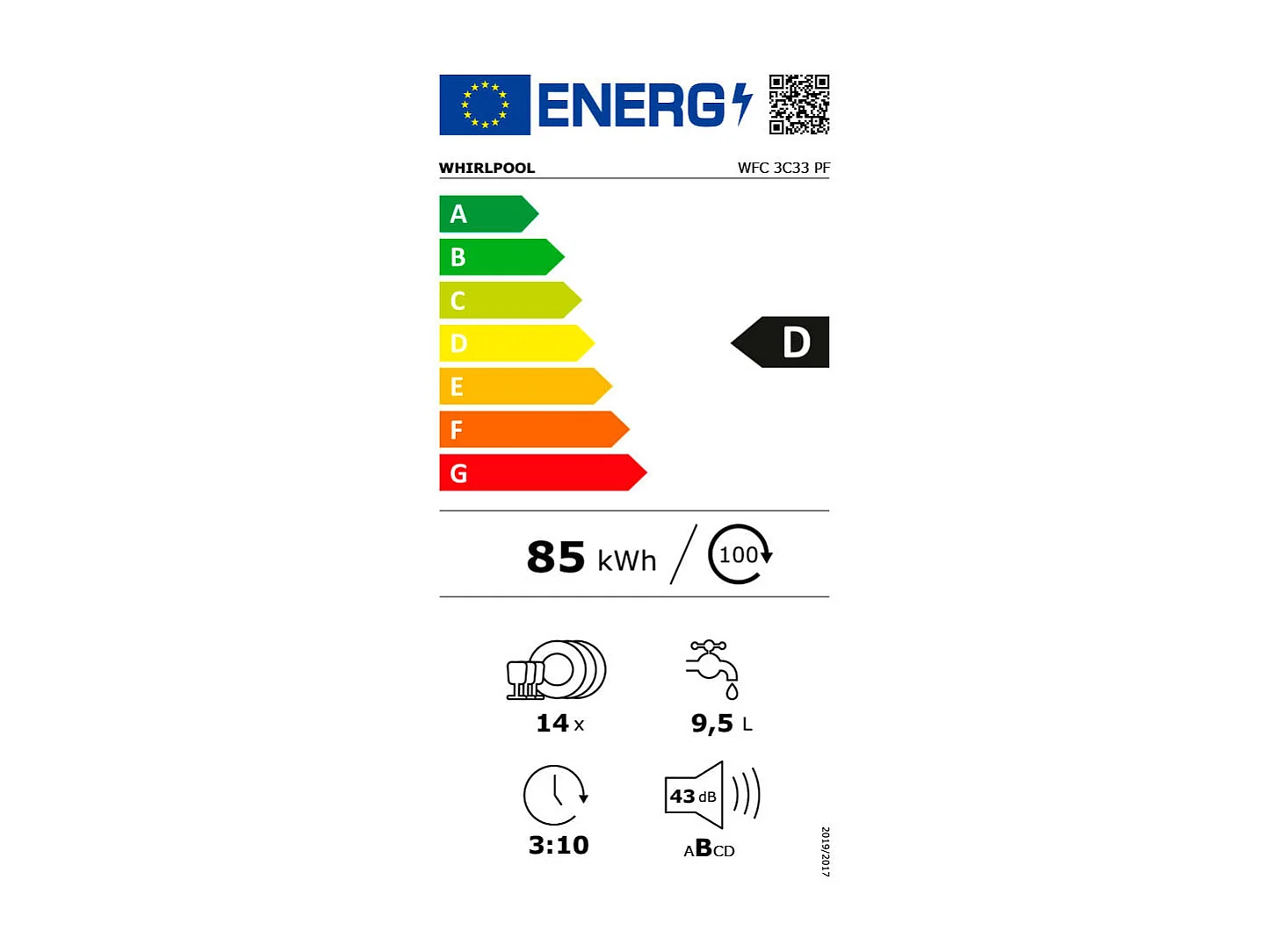 Lavavajillas Whirpool WFC 3C33 PF 14 cubiertos 8 programas D blanco 60 cm