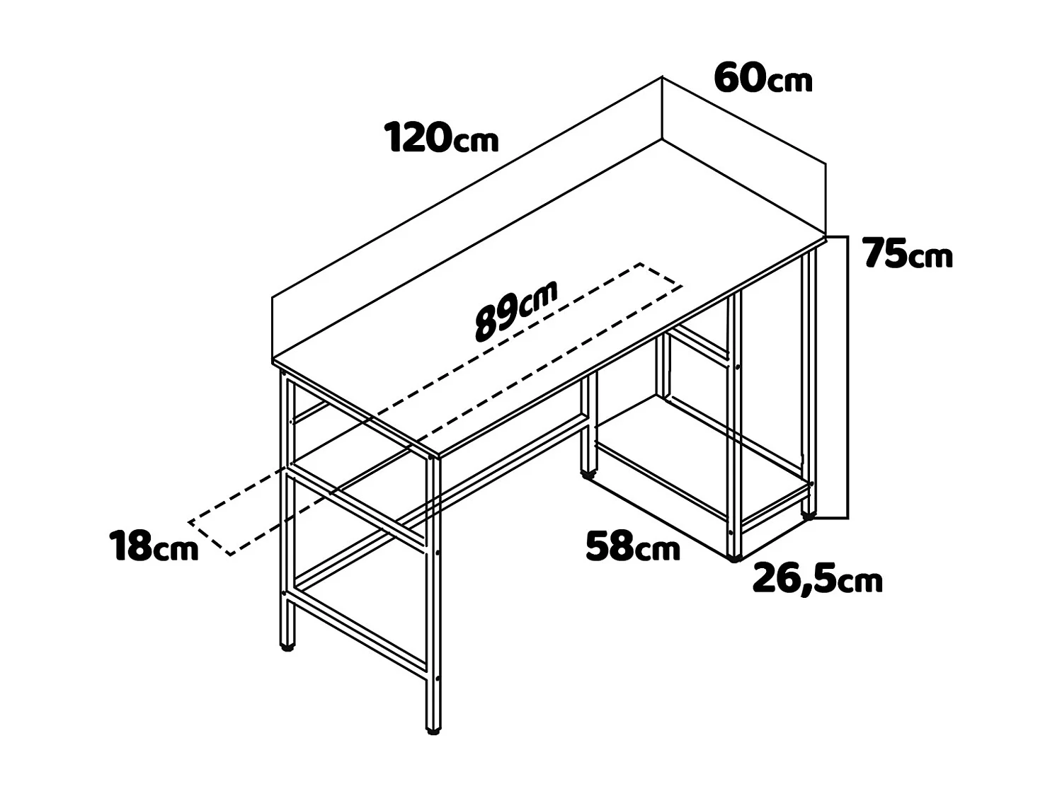 Hanami - Bureau de style industriel avec étagères de rangements, 120x60xH75 cm
