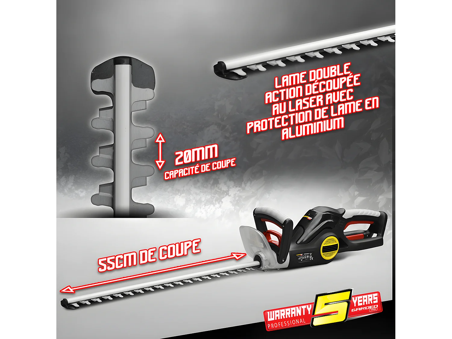 Taille-haies électrique 600W avec lame 55 cm - Coupe 20 mm - Poignée rotative - Gardeo Pro