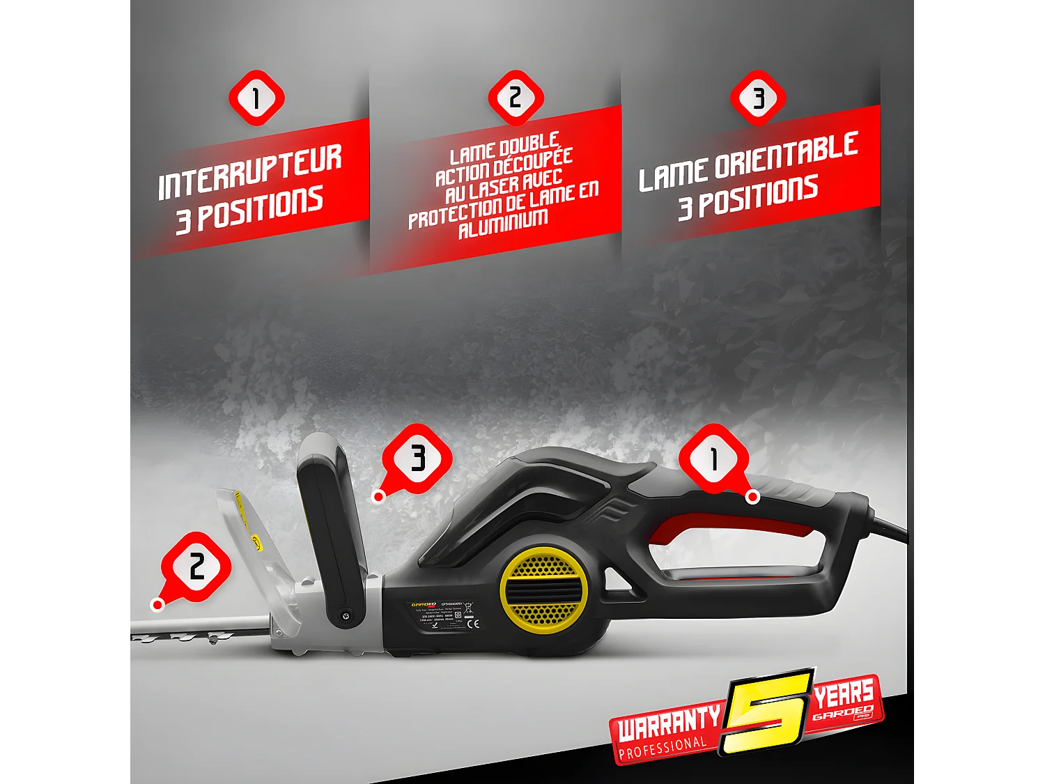 Taille-haies électrique 600W avec lame 55 cm - Coupe 20 mm - Poignée rotative - Gardeo Pro