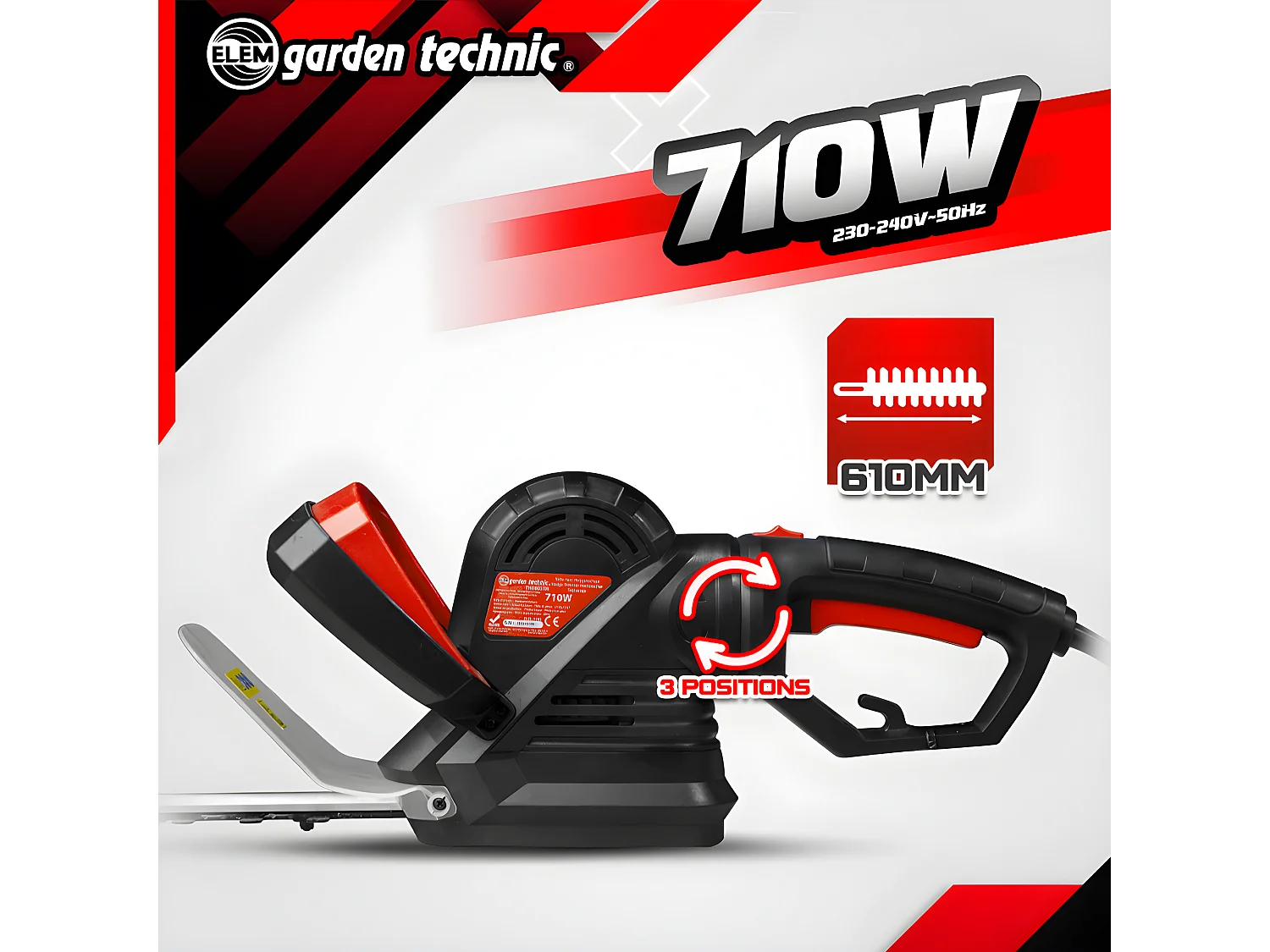 Elektrische heggenschaar Elem Garden Technic 710 W, mes 61 cm, draaibare achterste handgreep
