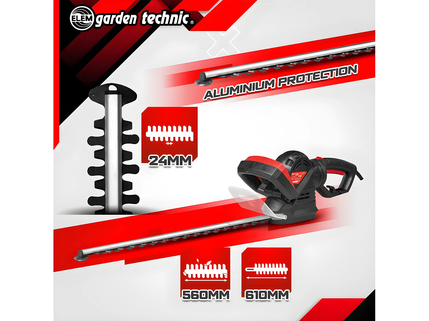 Elektrische heggenschaar Elem Garden Technic 710 W, mes 61 cm, draaibare achterste handgreep