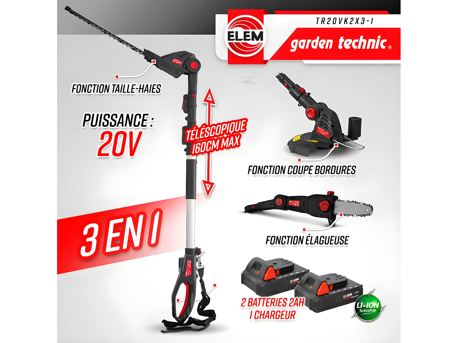 Outil de jardin multifonctions 3en1 sans fil 20V livré avec 2 batteries - Elem Garden