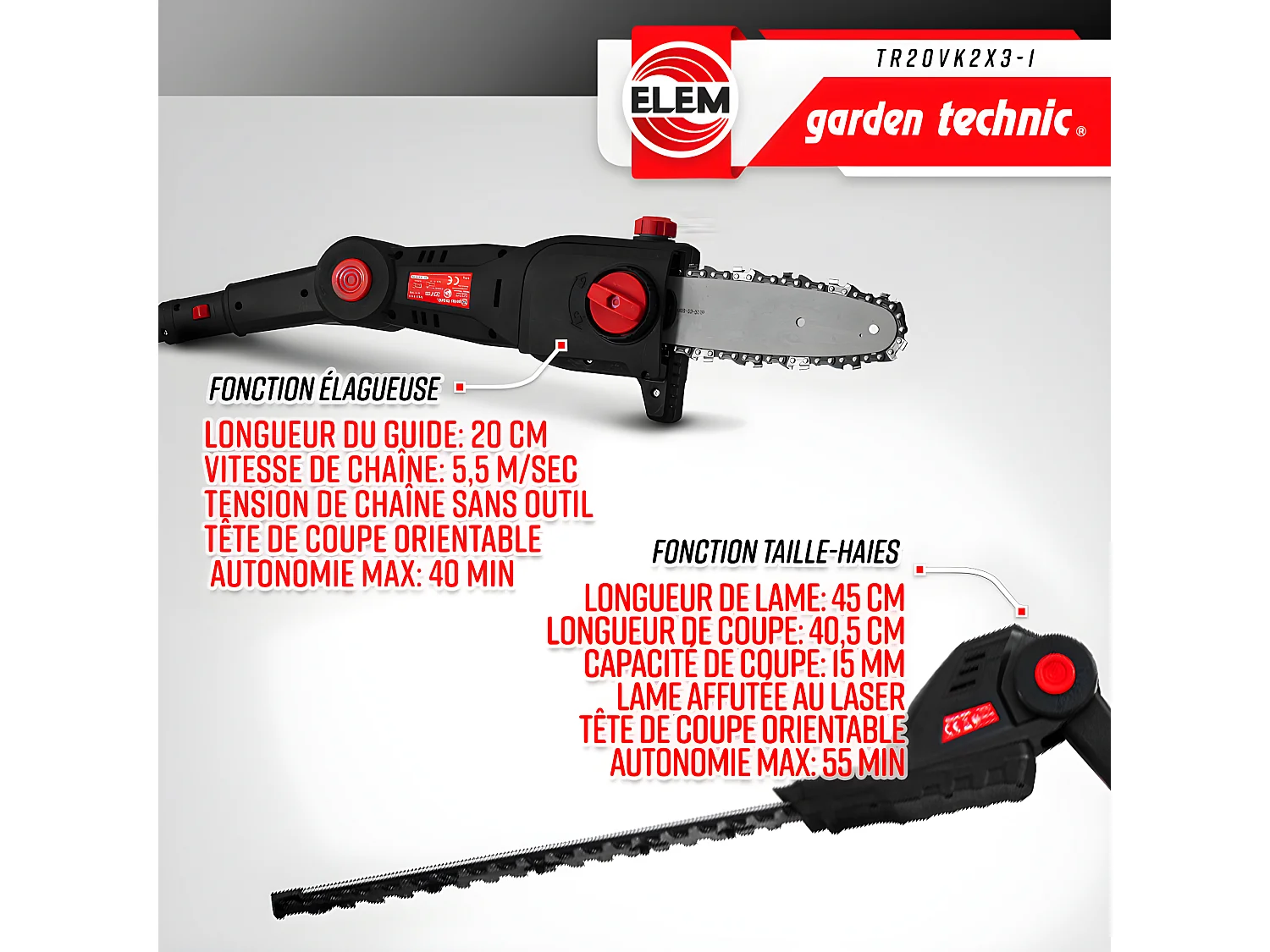 Outil de jardin multifonctions 3en1 sans fil 20V livré avec 2 batteries - Elem Garden