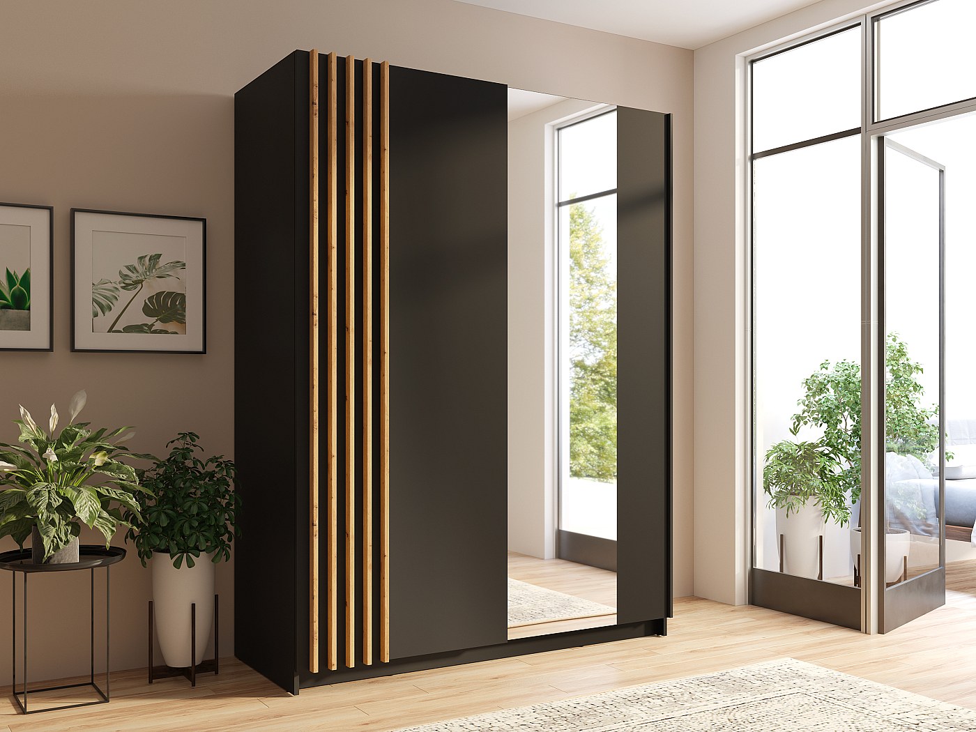 Armoire 2 portes coulissantes avec miroir L150 cm coloris noir et naturel - CALELA
