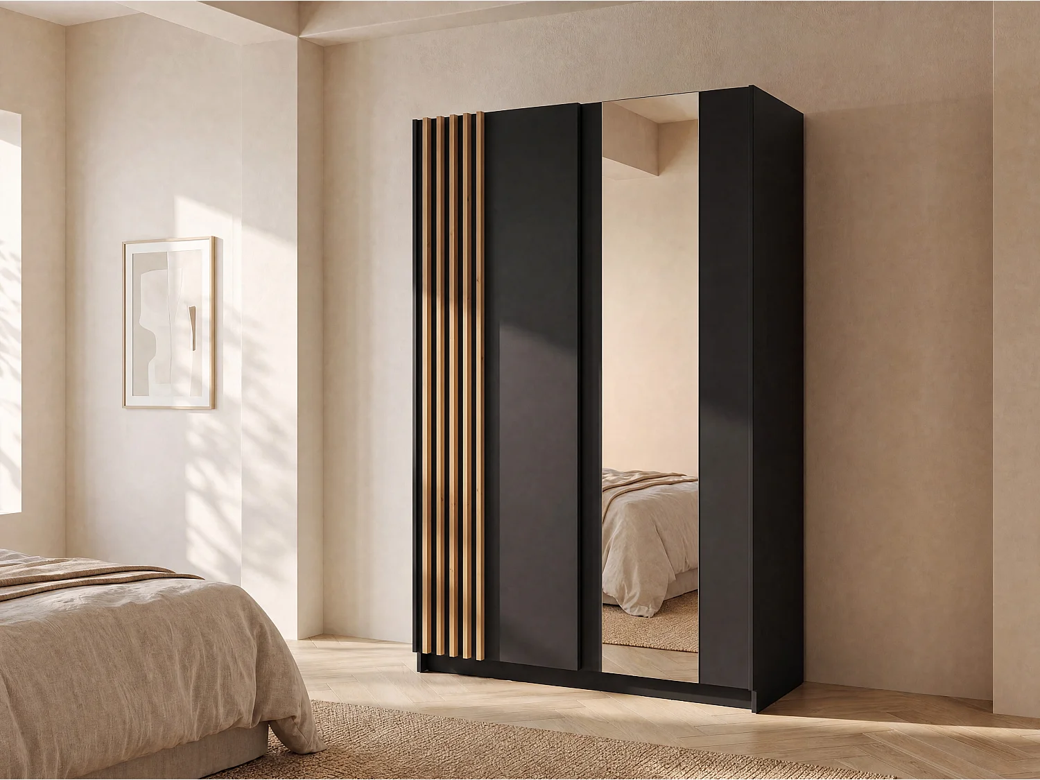 Kast met 2 schuifdeuren - Met spiegel - L150 cm - Zwart en houtlook - CALELA