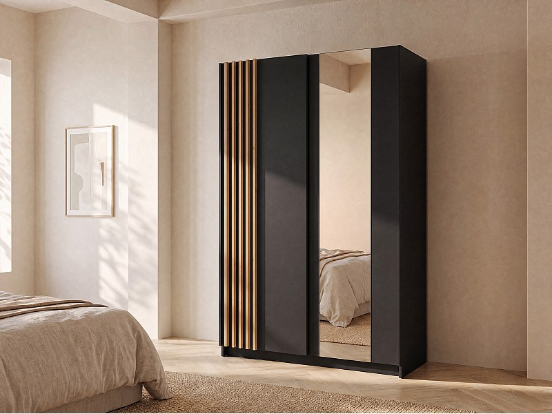 Armario 2 puertas correderas con espejo L150 cm color negro y natural ...