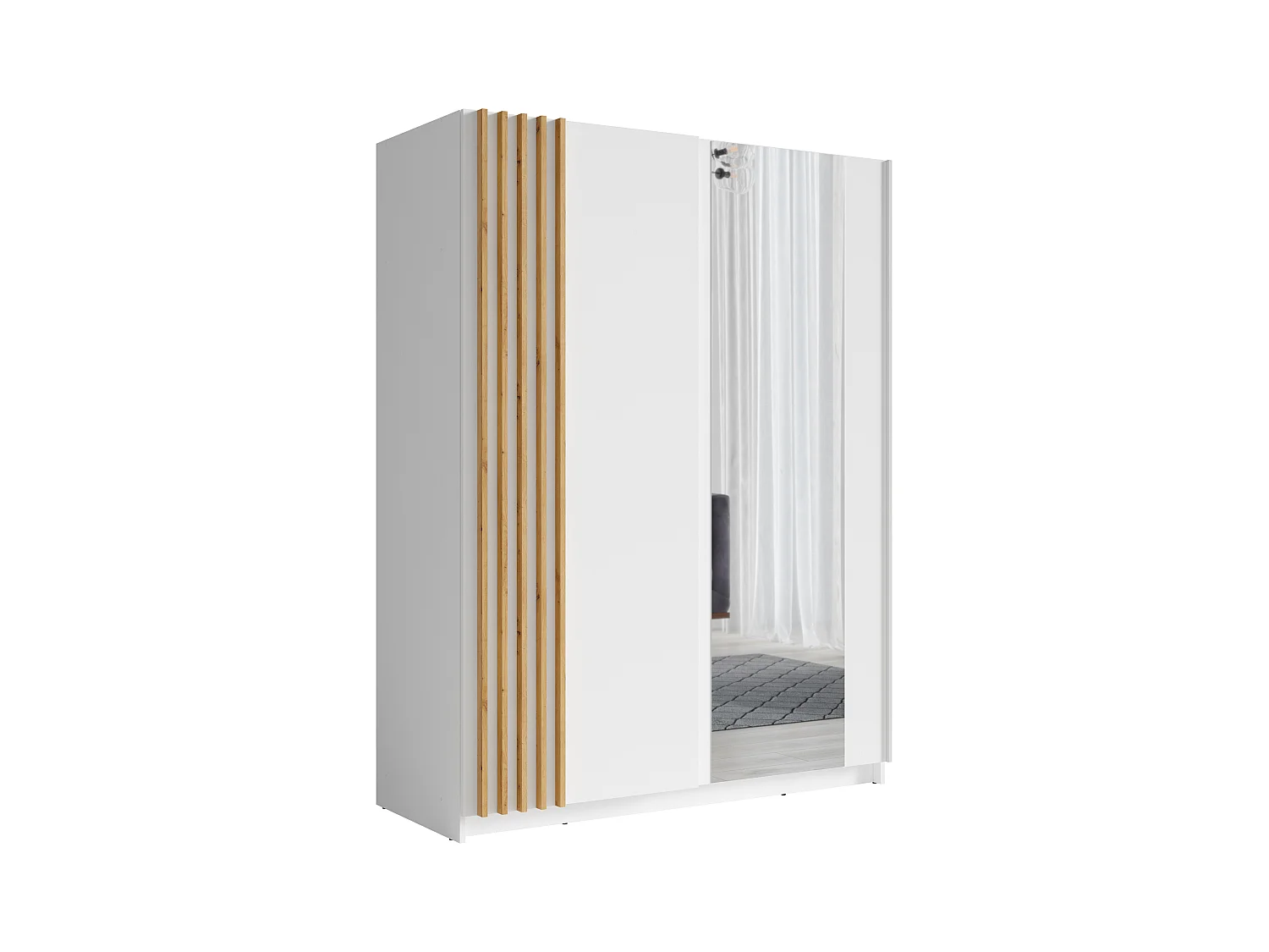 Szafa 2-drzwiowa przesuwna – Lustro – dł. 150 cm – Biała i naturalna – CALELA