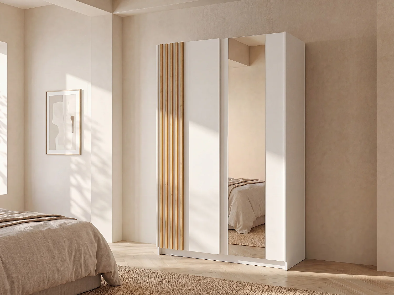Kast met 2 schuifdeuren - Met spiegel - L150 cm - Wit en houtlook - CALELA