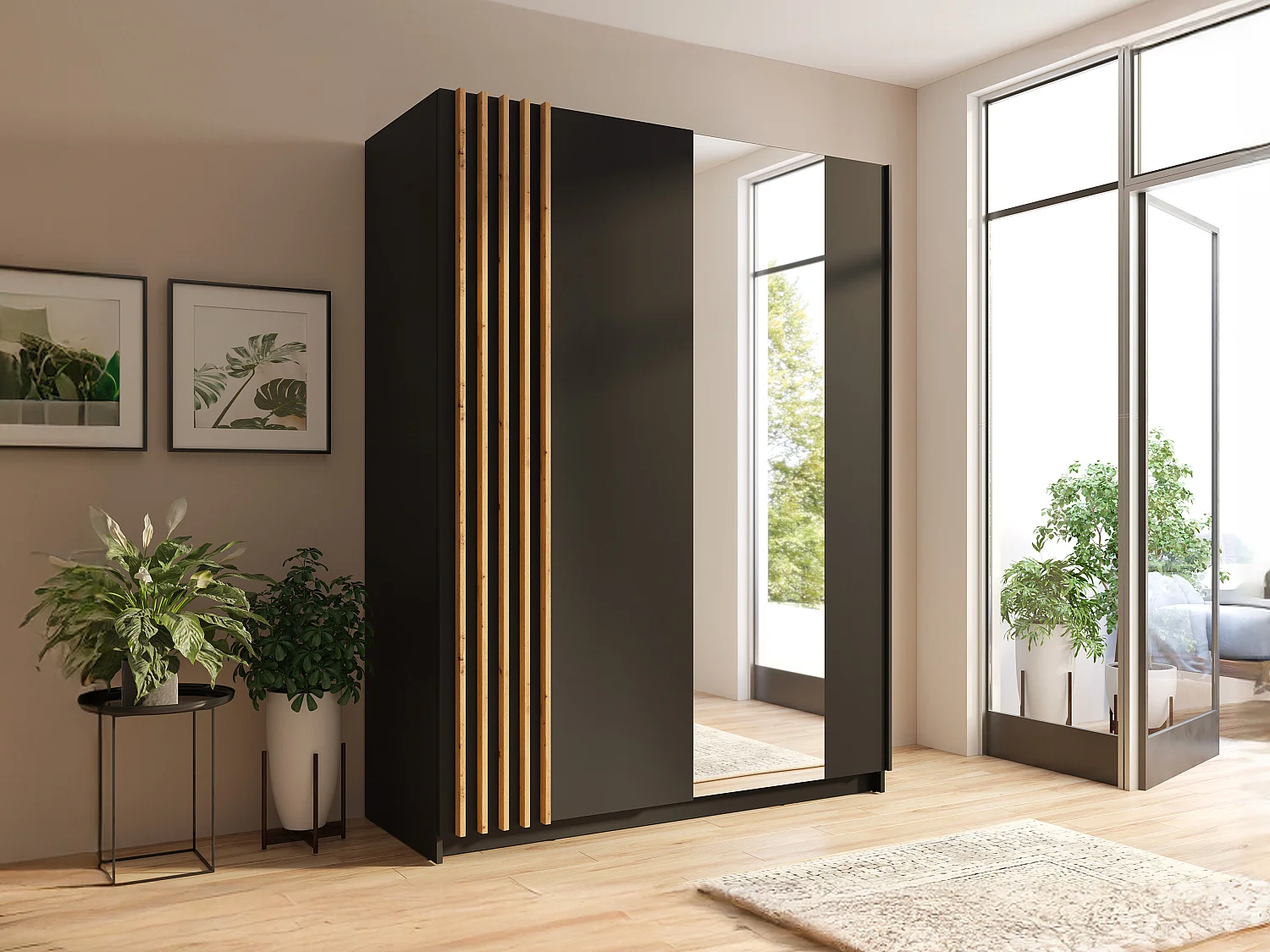 Kleiderschrank mit 2 Schiebetüren - Mit Spiegel - 200 cm - Schwarz & Holzfarben - CALELA