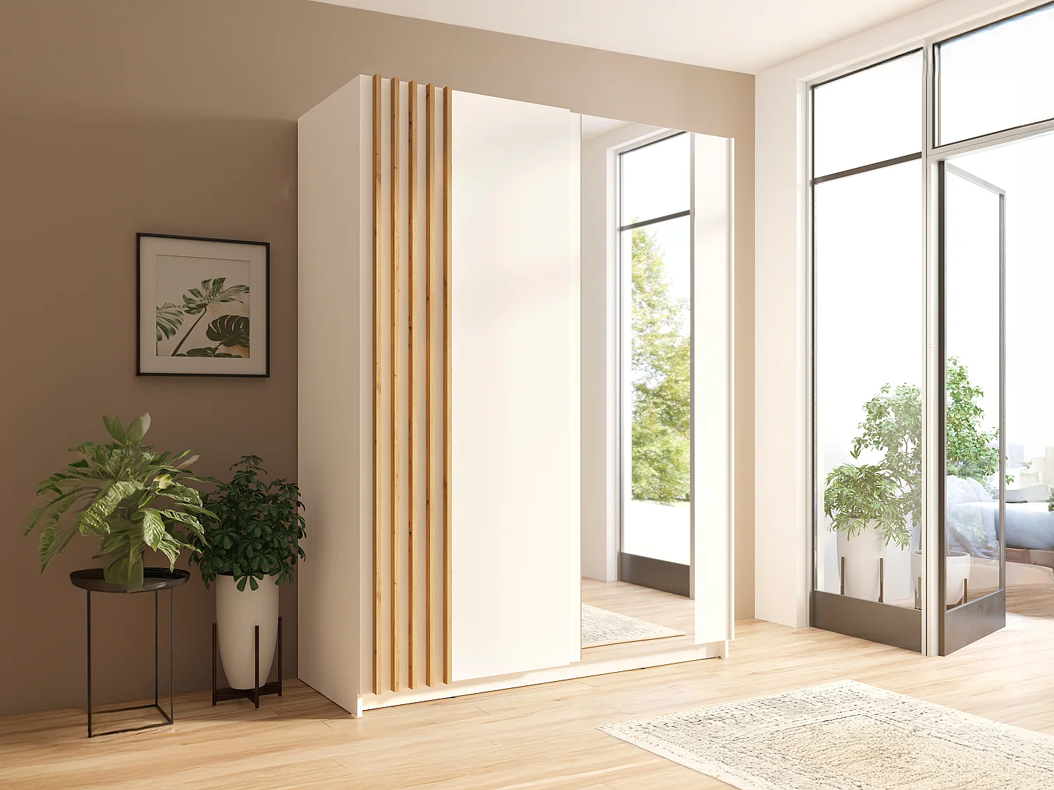 Armoire 2 portes coulissantes - Avec miroir - L200 cm - Blanc et naturel - CALELA
