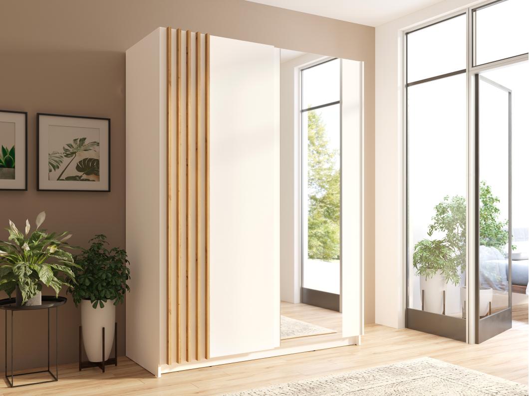 Armoire 2 portes coulissantes - Avec miroir - L200 cm - Blanc et naturel - CALELA