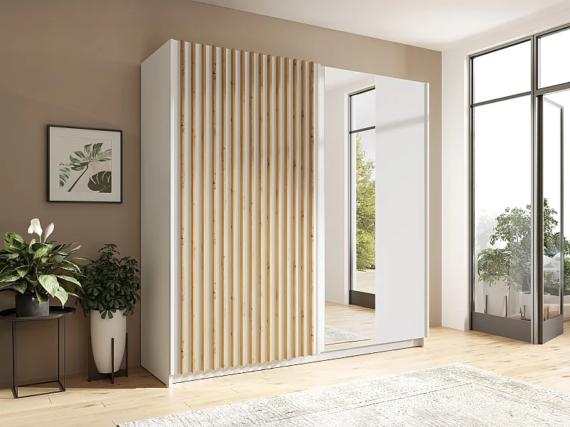 Armoire 2 portes coulissantes - Avec miroir - L200 cm - Blanc et naturel - TINDANIA