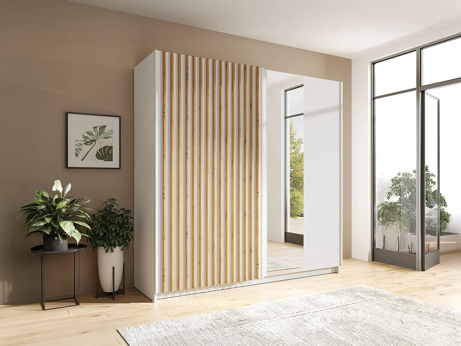 Armoire 2 portes coulissantes - Avec miroir - L200 cm - Blanc et naturel - TINDANIA