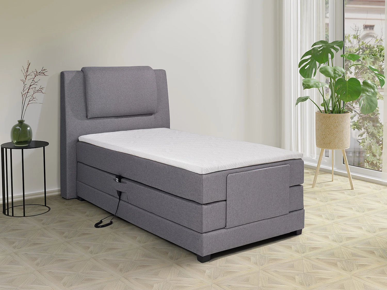 Boxspringbett mit Bettkopfteil + elektrischem Untergestell mit Relaxfunktion + Matratze + Topper - 100 x 200 cm - Stoff - Hellgrau - CASTEL II von PALACIO