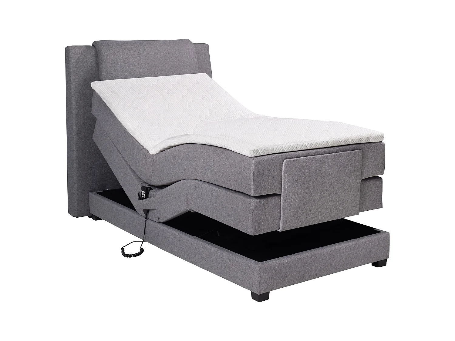 Boxspringbett mit Bettkopfteil + elektrischem Untergestell mit Relaxfunktion + Matratze + Topper - 100 x 200 cm - Stoff - Hellgrau - CASTEL II von PALACIO