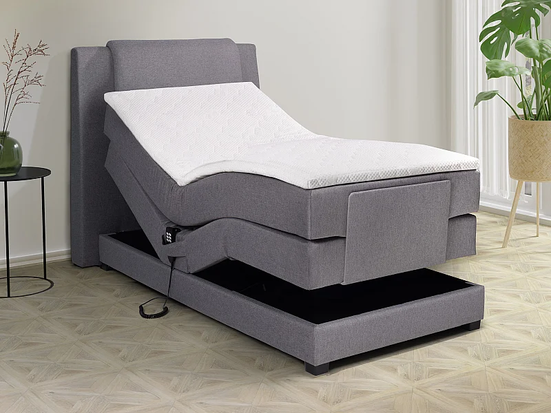 Boxspringbett mit Bettkopfteil + elektrischem Untergestell mit Relaxfunktion + Matratze + Topper - 100 x 200 cm - Stoff - Hellgrau - CASTEL II von PALACIO