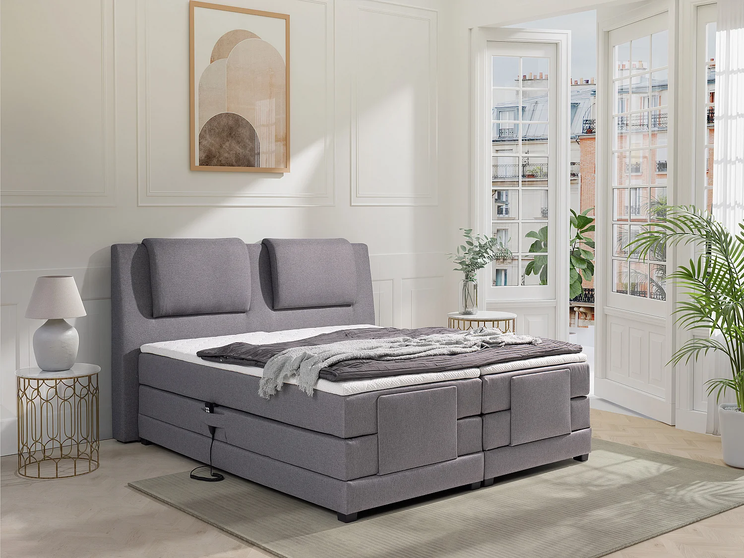 Set letto boxspring testata + reti relax elettriche + materasso + topper CASTEL di PALACIO - 2 x 80 x 200 cm - Tessuto grigio chiaro