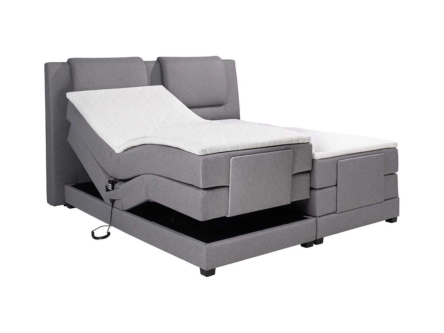 Set letto boxspring testata + reti relax elettriche + materasso + topper CASTEL di PALACIO - 2 x 80 x 200 cm - Tessuto grigio chiaro