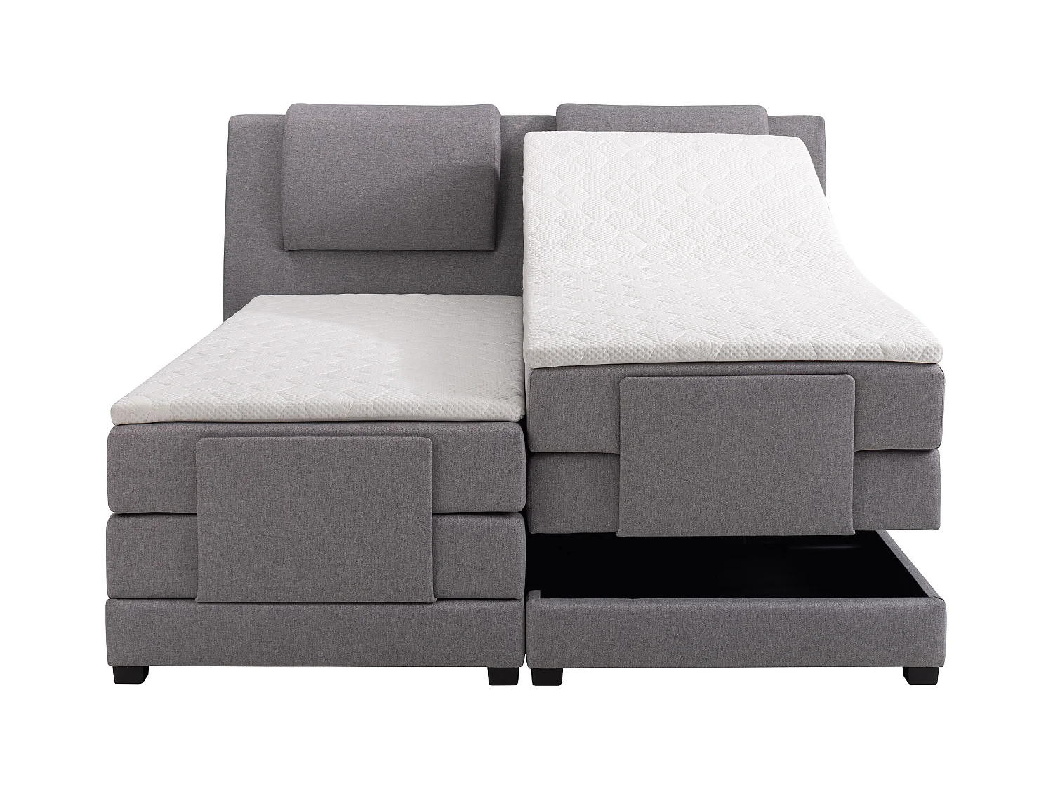 Set letto boxspring testata + reti relax elettriche + materasso + topper CASTEL di PALACIO - 2 x 80 x 200 cm - Tessuto grigio chiaro