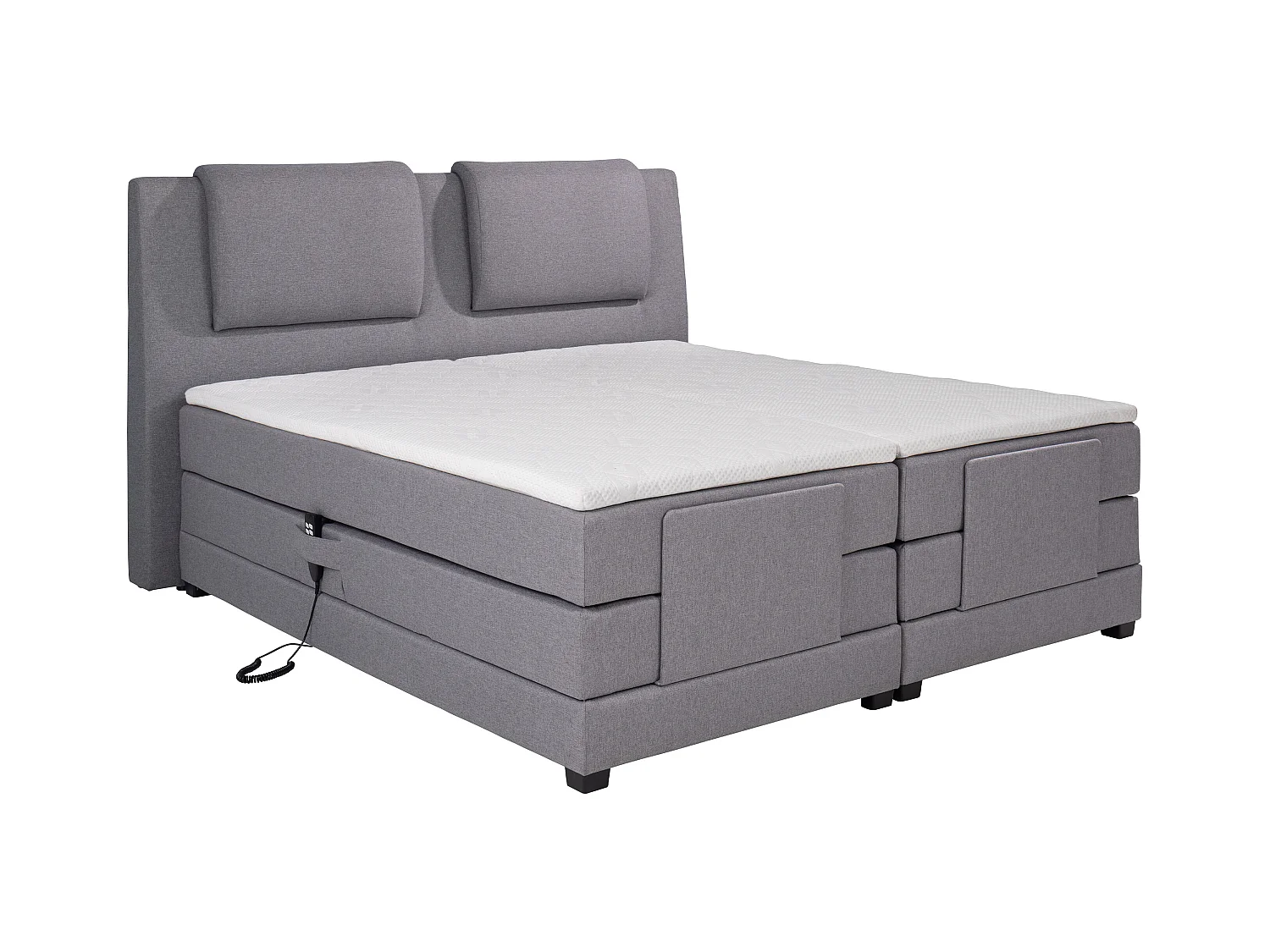 Set letto boxspring testata + reti relax elettriche + materasso + topper CASTEL di PALACIO - 2 x 80 x 200 cm - Tessuto grigio chiaro