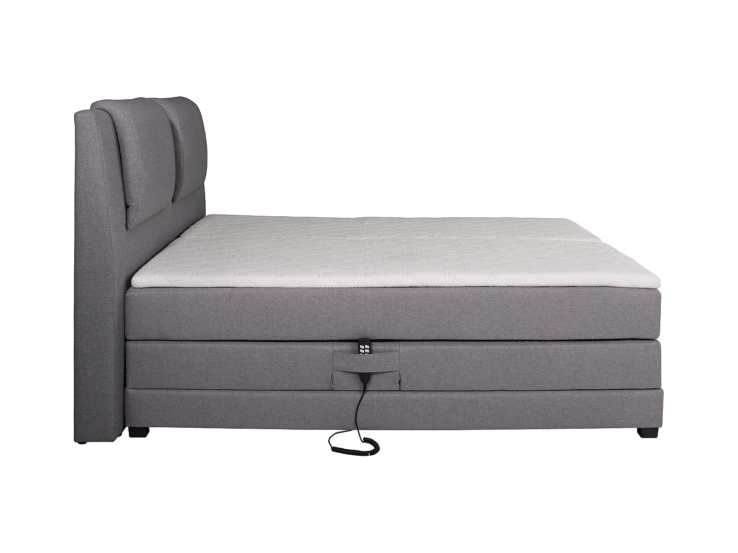 Set letto boxspring testata + reti relax elettriche + materasso + topper CASTEL di PALACIO - 2 x 80 x 200 cm - Tessuto grigio chiaro