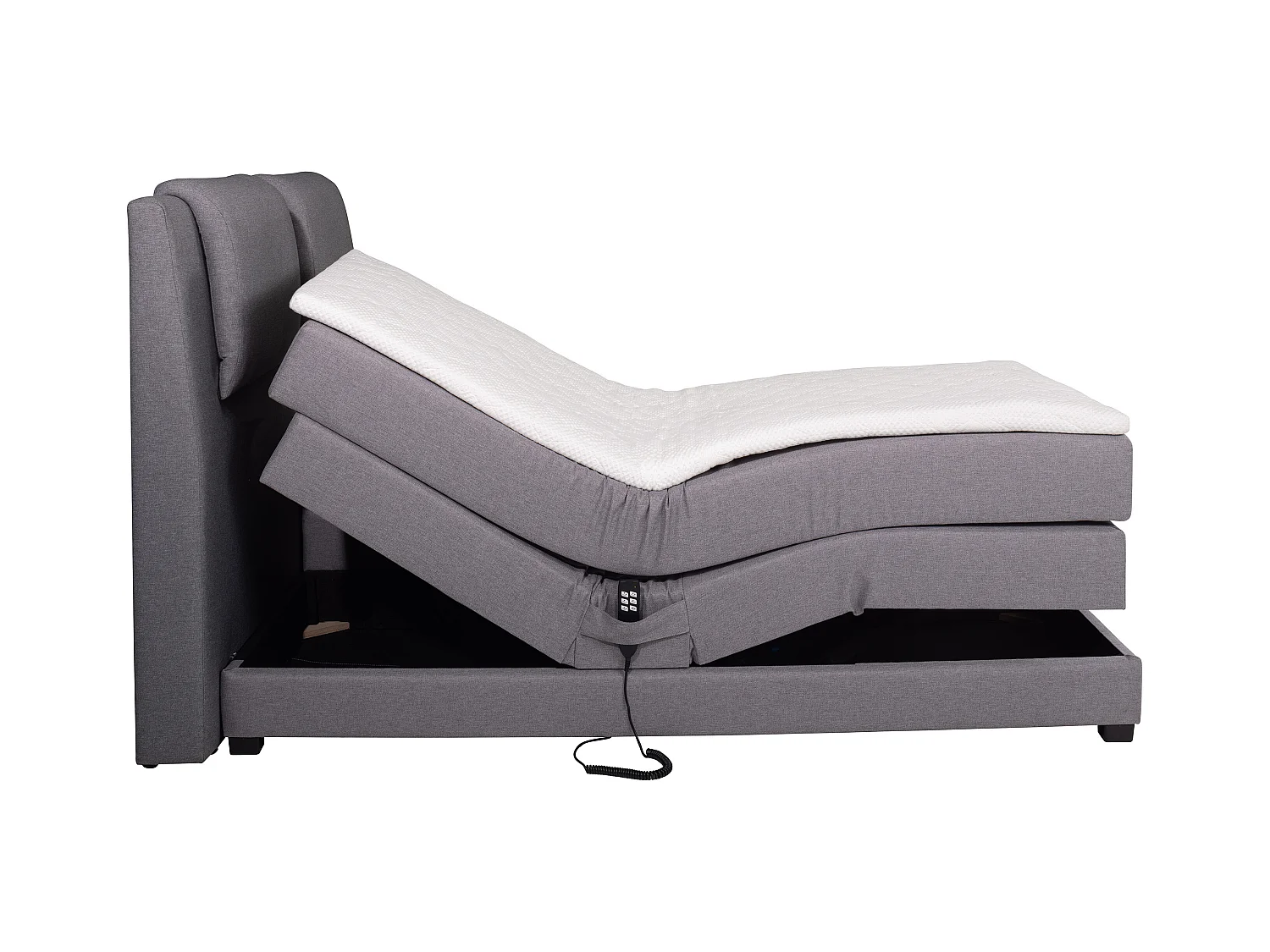Set letto boxspring testata + reti relax elettriche + materasso + topper CASTEL di PALACIO - 2 x 80 x 200 cm - Tessuto grigio chiaro