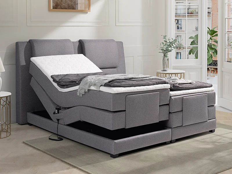  Conjunto boxspring cabeceira de cama + sommier de relaxamento elétrico + colchão + sobrecolchão CASTEL da PALACIO - 2x80x200 cm - Tecido cinza claro