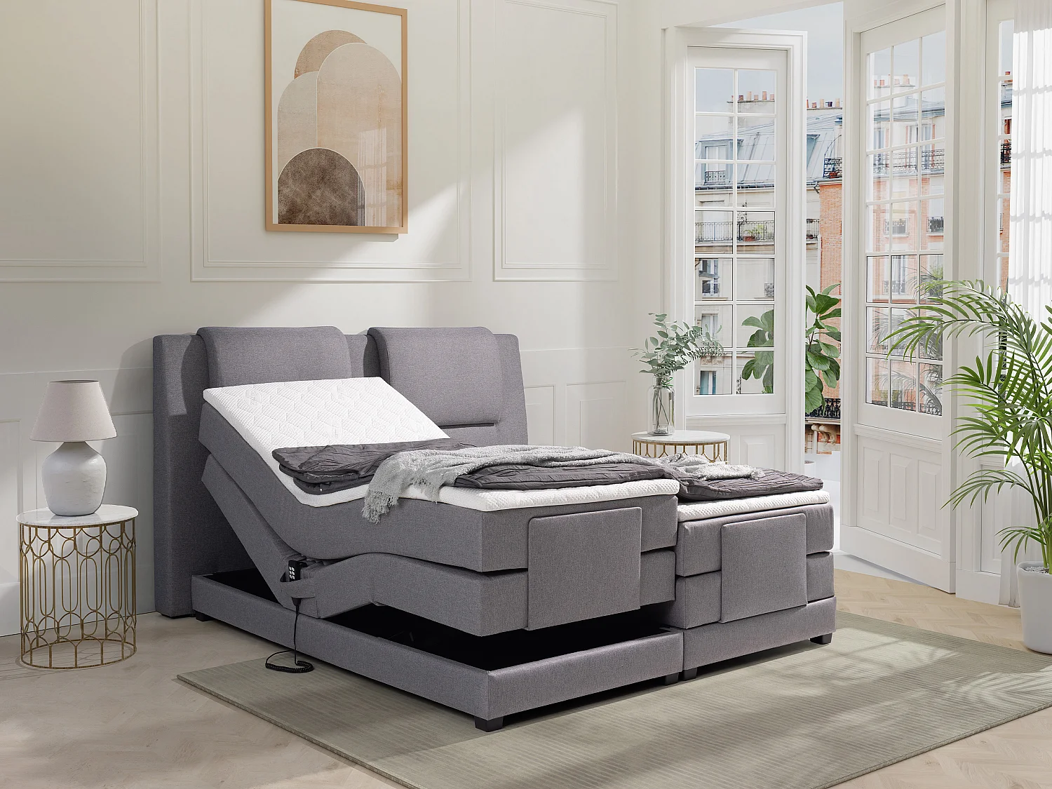 Ensemble complet boxspring tête de lit + sommiers relaxation électrique + matelas + surmatelas - 2 x 90 x 200 cm - Tissu - Gris clair - CASTEL II de PALACIO