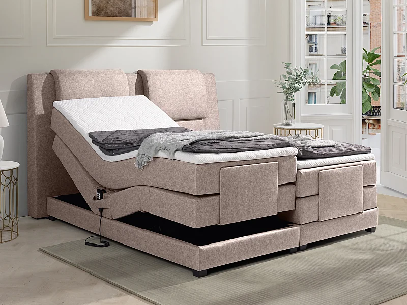 Boxspringbett mit Bettkopfteil + elektrischem Untergestell mit Relaxfunktion + Matratzen + Topper - 2 x 80 x 200 cm - Stoff - Beige  - CASTEL II de PALACIO