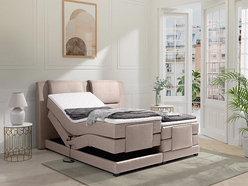 Boxspringbett mit Bettkopfteil + elektrischem Untergestell mit Relaxfunktion + Matratzen + Topper - 2 x 90 x 200 cm - Stoff - Beige - CASTEL II von PALACIO